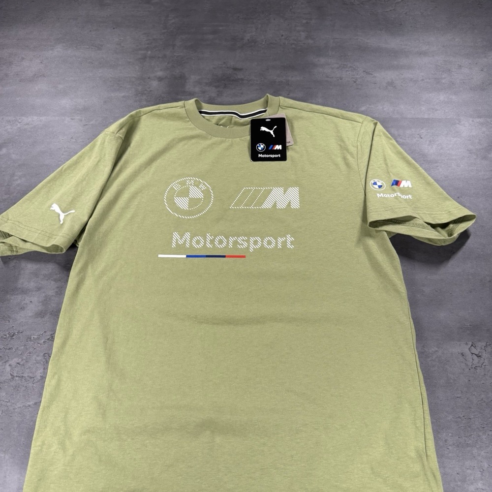 Puma BMW Motorsport‎ Shirt Men Small Green Olive White Racing Spellout Graphic